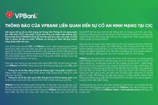 Thông báo của VPBank liên quan đến sự cố an ninh mạng tại CIC