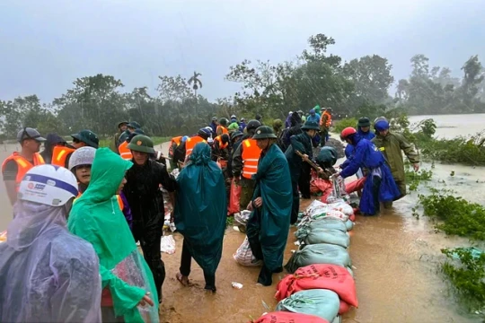 Hơn 300 người đội mưa bão gia cố nước tràn đê bảo vệ hơn 1.700 hộ dân ở Thanh Hóa