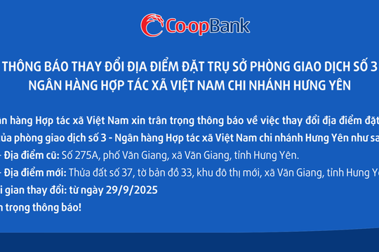 Co-opBank thông báo thay đổi địa điểm đặt trụ sở của phòng giao dịch
