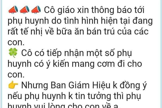 Xác minh thông tin 'phụ huynh mang cơm cho con, nếu không tin nhà trường thì cho về' sau vụ thực phẩm bốc mùi