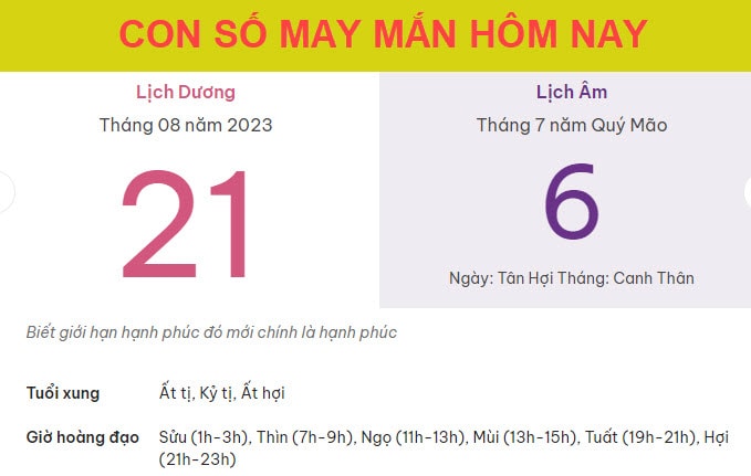 Con số may mắn hôm nay 21/8/2023 thứ 2, ngày 6/7 âm lịch