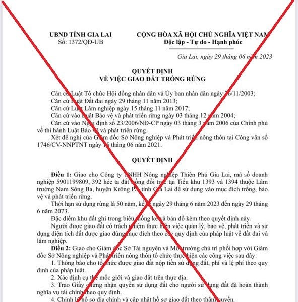Văn bản của Chủ tịch tỉnh Gia Lai về việc giao hàng trăm ha đất trồng rừng là giả mạo