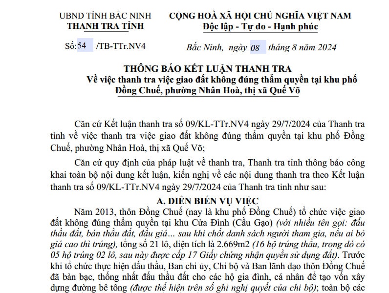 TX Quế Võ (Bắc Ninh): Chính quyền xã buông lỏng quản lí đất đai, để cán bộ thôn giao đất trái thẩm quyền!