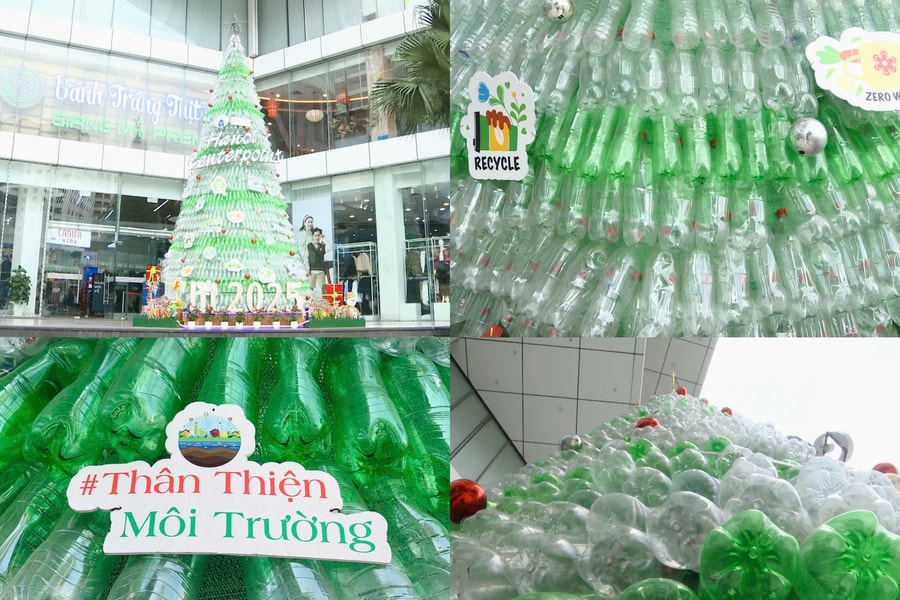 Độc đáo cây thông Noel làm từ rác thải nhựa ở Hà Nội