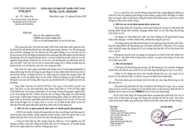 Sở Du lịch Ninh Bình cảnh báo hành vi lừa đảo khi đặt phòng lưu trú du lịch trên địa bàn tỉnh