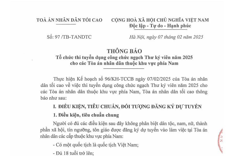 Thông báo thi tuyển công chức ngạch Thư ký viên TAND năm 2025 khu vực phía Nam