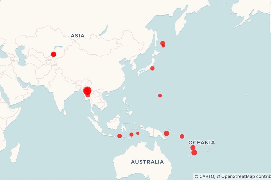 Bản đồ cho thấy động đất xảy ra trên khắp châu Á