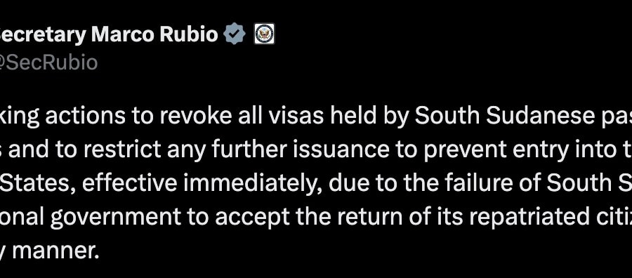 Mỹ hủy bỏ thị thực với công dân Nam Sudan sau khi bị từ chối tiếp nhận người nhập cư
