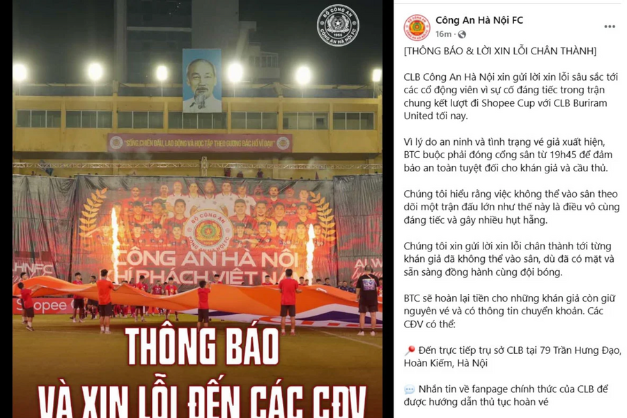 CLB Công an Hà Nội xin lỗi về sự cố vé giả và sẽ hoàn tiền cho khán giả