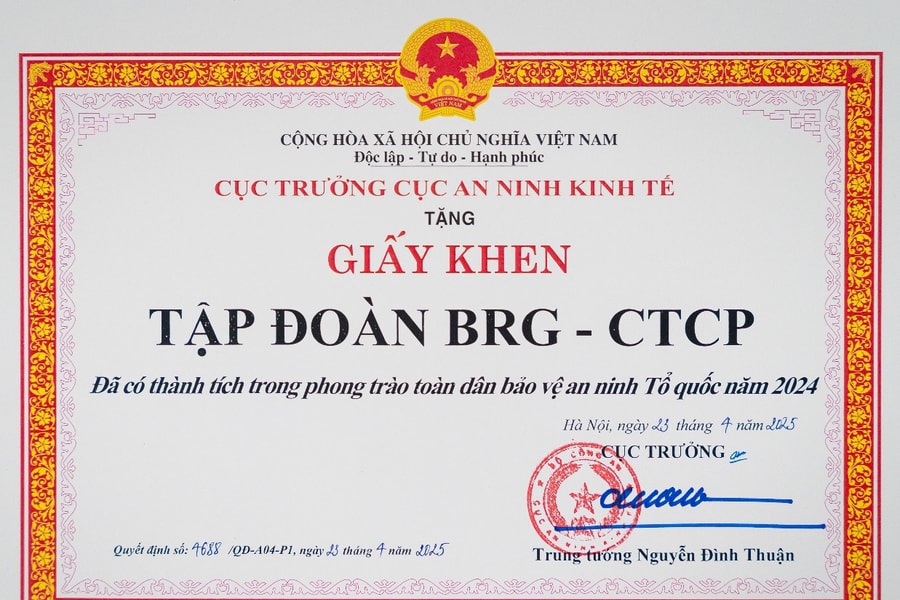 Tập đoàn BRG nhận giấy khen trong phong trào “Toàn dân Bảo vệ An ninh Tổ quốc năm 2024”