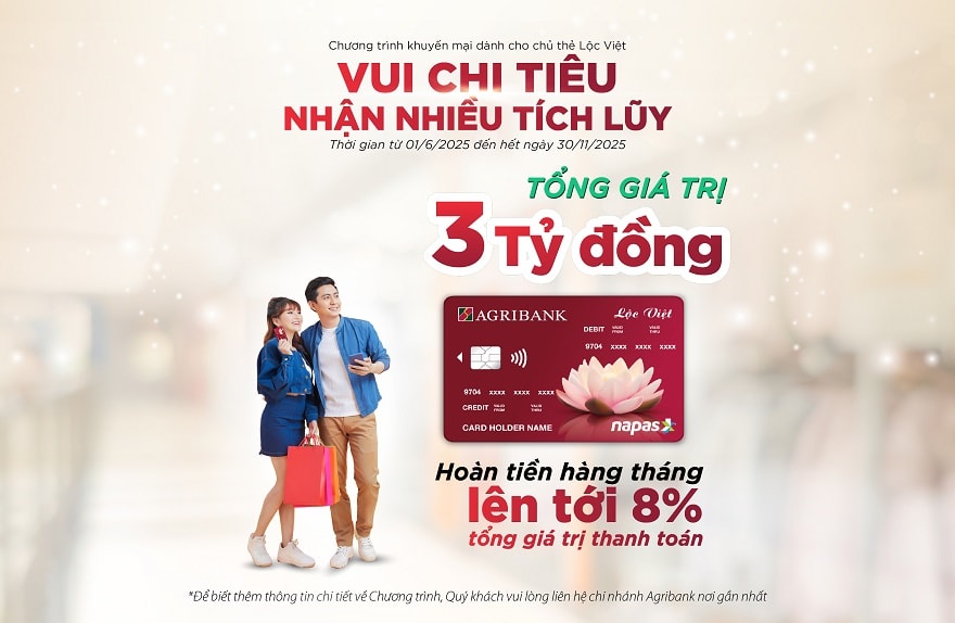 Tận hưởng ưu đãi hoàn tiền lên tới 8% khi dùng thẻ tín dụng nội địa Lộc Việt từ Agribank