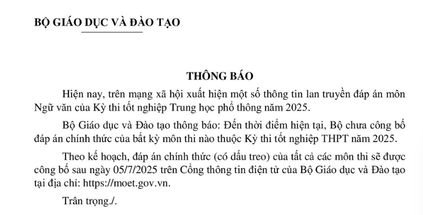 Bộ GD&ĐT cảnh báo tin giả liên quan đáp án môn Văn kỳ thi tốt nghiệp THPT 2025