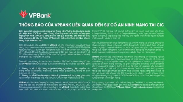 Thông báo của VPBank liên quan đến sự cố an ninh mạng tại CIC