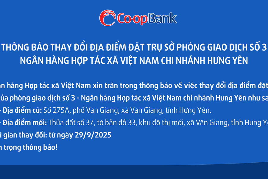 Co-opBank thông báo thay đổi địa điểm đặt trụ sở của phòng giao dịch