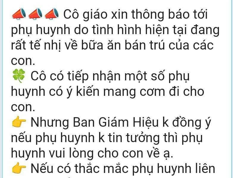 Xác minh thông tin 'phụ huynh mang cơm cho con, nếu không tin nhà trường thì cho về' sau vụ thực phẩm bốc mùi